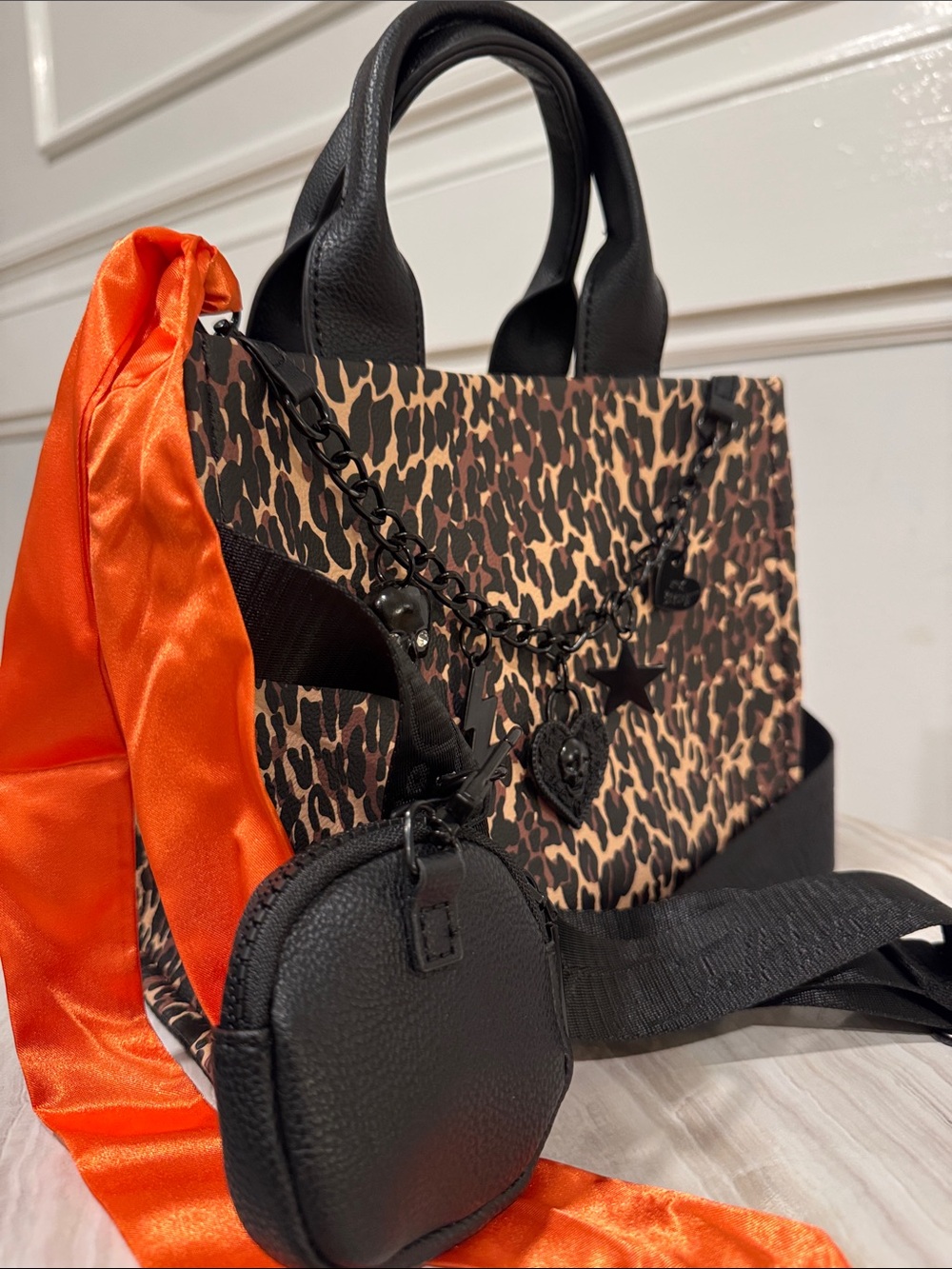 Betsey Johnson Bag Leopard Print Black Satchel with Logo Strap and Skull Charm